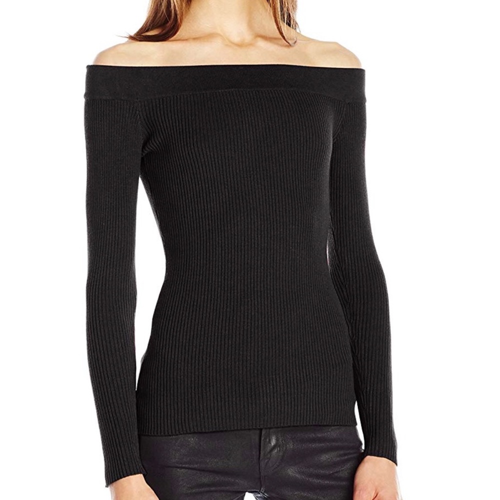 GUESS// black ribbed off shoulder sweater